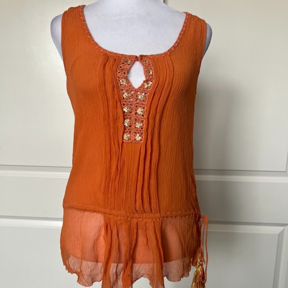 Cynthia Steffe Orange 100% Silk Crochet Tank Tunic Blouse Size 8